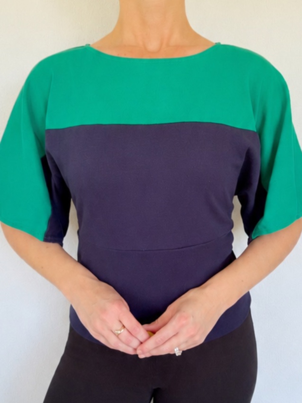 Vintage Christina green navy color block dolman sleeve cotton top size medium